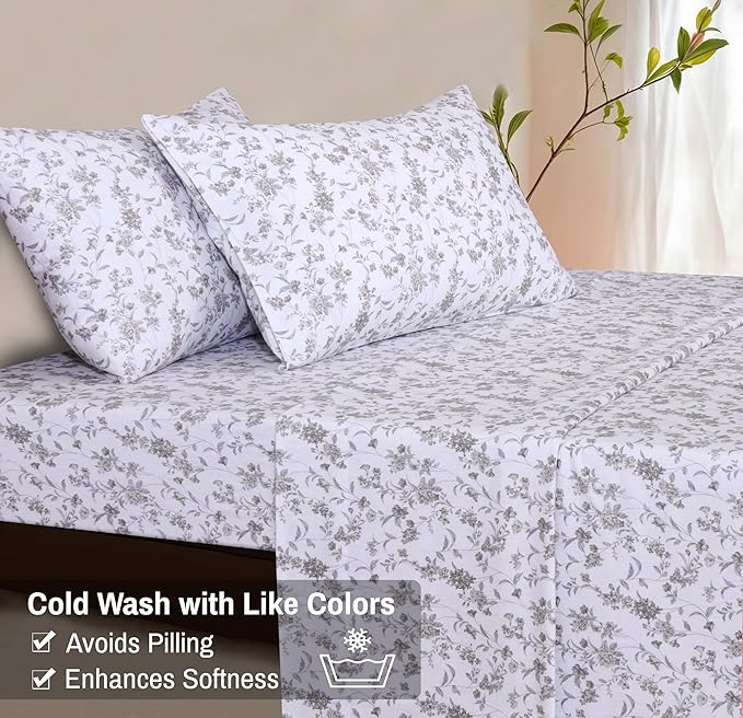 RUVANTI Flannel Sheets Full Size - 100% Cotton Double Brushed Bed Sheets Set, Deep Pockets 16 Inches, All Seasons Breathable & Extra Soft Full Sheets, Warm & Cozy, 4 Piece, Vintage Flora