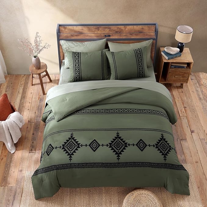 MaiRêve California King Comforter Set Olive Green, Embroidery Western Bedding Set Boho 7 Pieces, Farmhouse All-Season Bed in A Bag with Sheets, Pillowcases & Shams