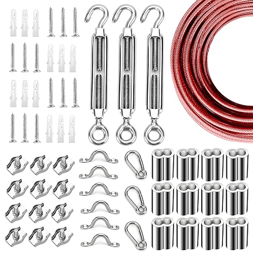 Globe String Light Suspension Kit, Outdoor Light Guide Wire, Vinyl Coated Stainless Steel Steel Cable，Include 150ft Transparent PVC and 304 Stainless Steel Wire Cable, Turnbuckle and Hooks