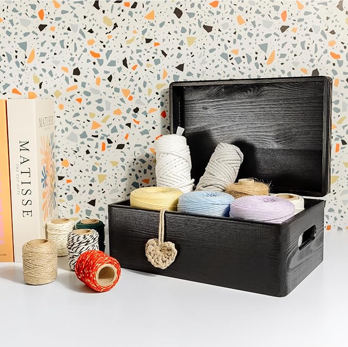 Large Black Wooden Box Storage with Hinged Lid | 11.8 x 7.87 x 5.51 inches (+-0.5) | with Handles | Gift Box for Tool Dog Shoes Clothes Kitchen Storage | Wood Keepsake Chest