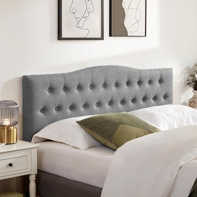 Tufted Upholstered Headboard Queen Size, Sturdy and Durable Solid Wood Bed headboard, Fabric Headboard Adjustable Height from 37” to 51”, Modern Button Diamond Design Head Board, Grey