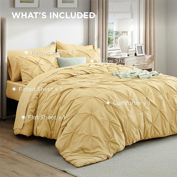 Bedsure California King Comforter Set Yellow - Bed in a Bag Cal King Bedding Set 7 Pieces, GentleSoft™ Pintuck Bed Set Gift for Family, Pinch Pleat Yellow Comforter with Sheets, Pillowcases & Shams