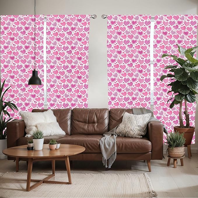 Ambesonne Valentines Window Curtains Pack of 2, Romantic Heart Shapes with Many Different Designs Polka Dots Crossed Lines, Lightweight Set with Rod Pocket, 4 Panels of - 28" x 63", Pink White