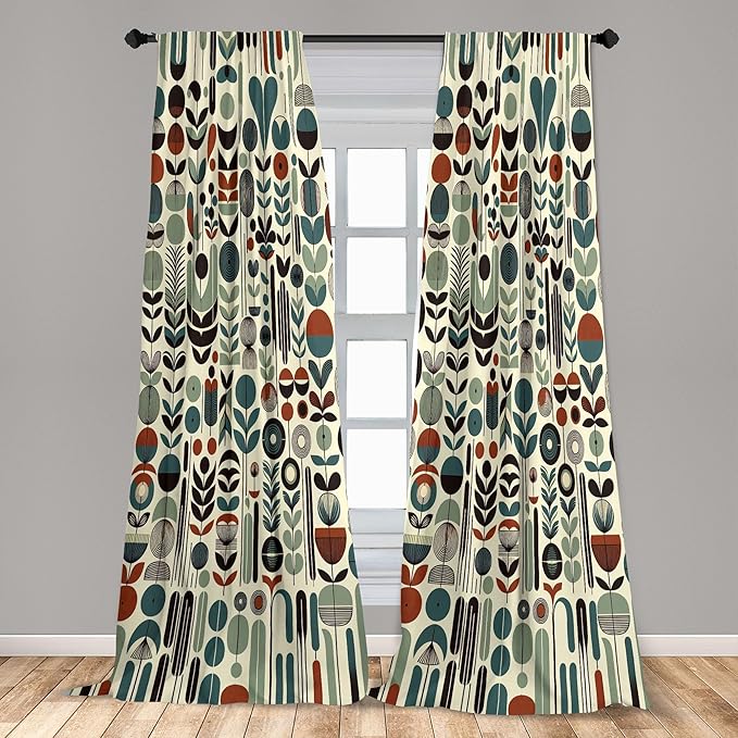 Ambesonne Leafy Art Window Curtains Pack of 2, Scandinavian Leaves Pattern with Geometric Roundy Modern Boho Print, Lightweight Set with Rod Pocket, 4 Panels of - 28" x 95", Pale Green Redwood Teal