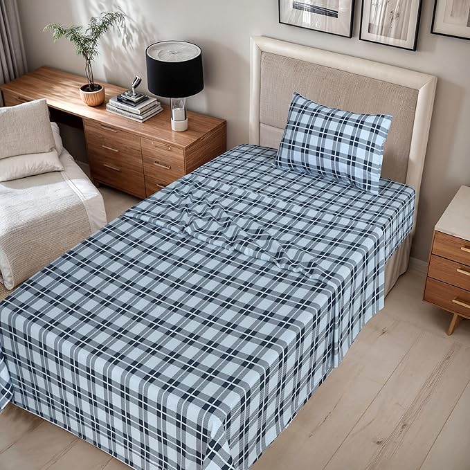 RUVANTI Flannel Sheets Twin Size - 100% Cotton Double Brushed Twin Sheets Set, Deep Pockets 16 Inches, All Seasons Breathable & Extra Soft Bed Sheets, Warm & Cozy, 3 Piece, Illusion Check