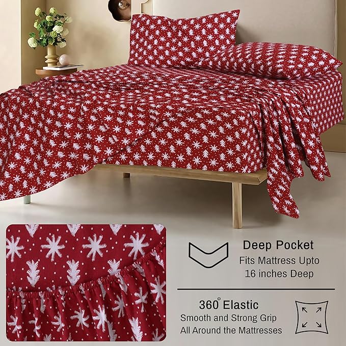 RUVANTI Flannel Sheets King Size - 100% Cotton Brushed King Size Sheets Set - Deep Pockets 16 Inches Bed Sheets - All Seasons Breathable & Extra Soft - Warm & Cozy, 4 Piece, Red Christmas