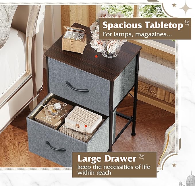 WLIVE Night Stand Set 2, Dresser and Nightstand Sets, Nightstands for Bedroom with 2 Fabric Drawer, End Tables Bedroom Furniture Set, Closet, College Dorm, Dark Grey, Size L