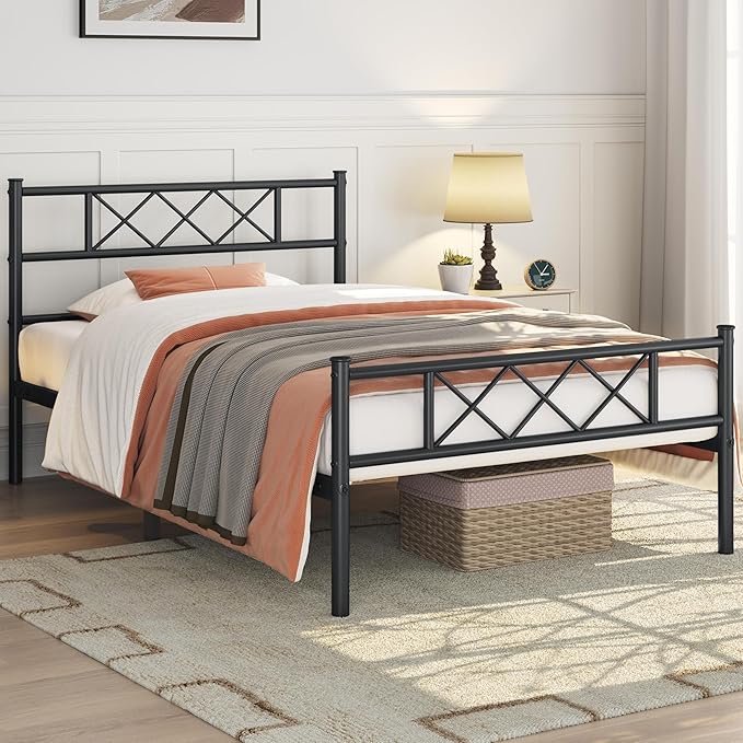 Yaheetech Twin Size Metal Platform Bed Frame with Simple Headboard and Footboard, Mattress Foundation for Under Bed Storage, Steel Slat Support, No Box Spring Needed, Easy Assembly, Black