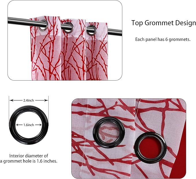 BONZER Mix and Match Curtains - 2 Pieces Branch Print Sheer Curtains and 2 Pieces Blackout Curtains for Bedroom Living Room Grommet Window Drapes, 37x63 Inch/Panel, Red, Set of 4 Panels