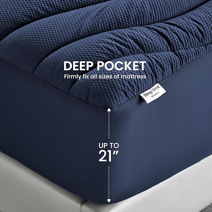 SLEEP ZONE Twin XL Cooling Mattress Topper for College Dorm, Premium Zoned Cool Mattress Pad Cover, Padded Mattress Protector Breathable Washable, Deep Pocket 8-21" (Navy, Twin XL)