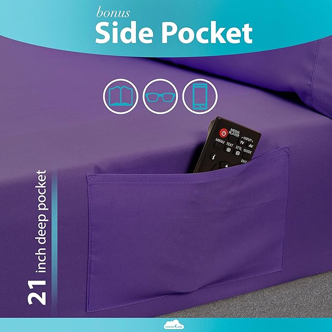 DREAMCARE Queen Sheet Set – 6 pcs Cooling Bed Sheets – up to 21” Deep Pocket Queen Sheets Set – 2500 Supreme Collection – Extra Soft 100% Brushed Microfiber Hotel Luxury with Side Pocket – Purple