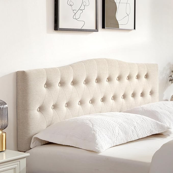 Tufted Upholstered Headboard King Size, Sturdy and Durable Solid Wood Bed headboard, Fabric Headboard Adjustable Height from 37” to 51”, Modern Button Diamond Design Head Board, Beige