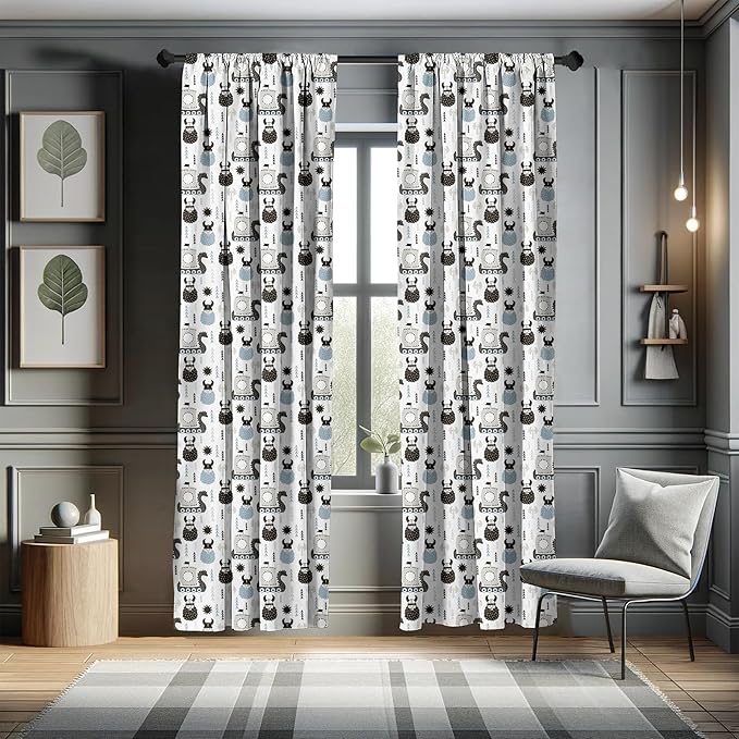 Ambesonne Scandinavian Curtains, Viking Longboat Design Cartoon Style Character Illustration, Window Treatments 2 Panel Set for Living Room Bedroom, Pair of - 28" x 84", Blue Grey