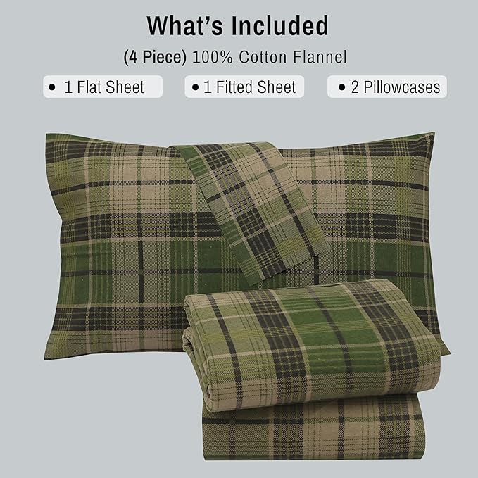 RUVANTI Flannel Sheets Full Size - 100% Cotton Double Brushed Bed Sheets Set, Deep Pockets 16 Inches, All Seasons Breathable & Extra Soft Full Sheets, Warm & Cozy, 4 Piece, DNA Plaid