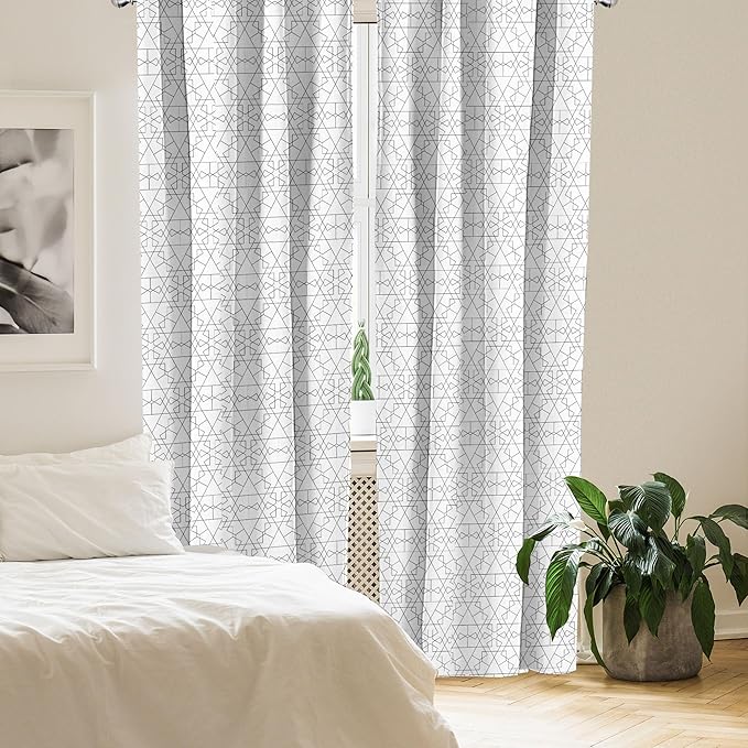 Ambesonne Geometric Window Curtains, Continuous Pattern with Abstract Concave Shapes and Triangles Print, Lightweight Decor 2-Panel Set with Rod Pocket, Pair of - 28" x 95", Charcoal Grey and White