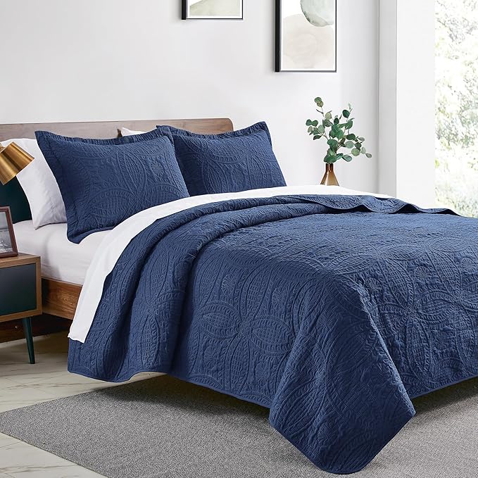 Love's cabin Quilts for Full Bed Navy Bedspreads Bedding Set - Summer Lightweight Bedspread Comforter - Coin Pattern Bedding Coverlet for All Season - 3 Pieces (1 Quilt, 2 Pillow Shams)