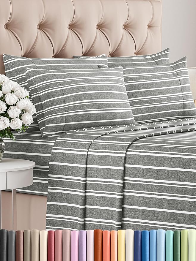 King 6 Piece Sheet Set - Comfy Breathable & Cooling - Soft Hotel Luxury Bedding Set with 8-16 Inch Deep Pockets - 1 Flat & 1 Fitted Sheet & 4 Pillowcases - Wrinkle Free & Easy Care - Grey Stripes 3