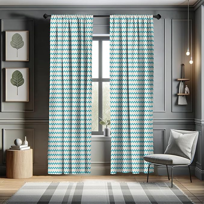 Ambesonne Teal Curtains, Horizontal Zigzag Lines Chevron Triangles Pattern Simple Classical Geometric Design, Window Treatments 2 Panel Set for Living Room Bedroom, Pair of - 28" x 95", Cream Teal