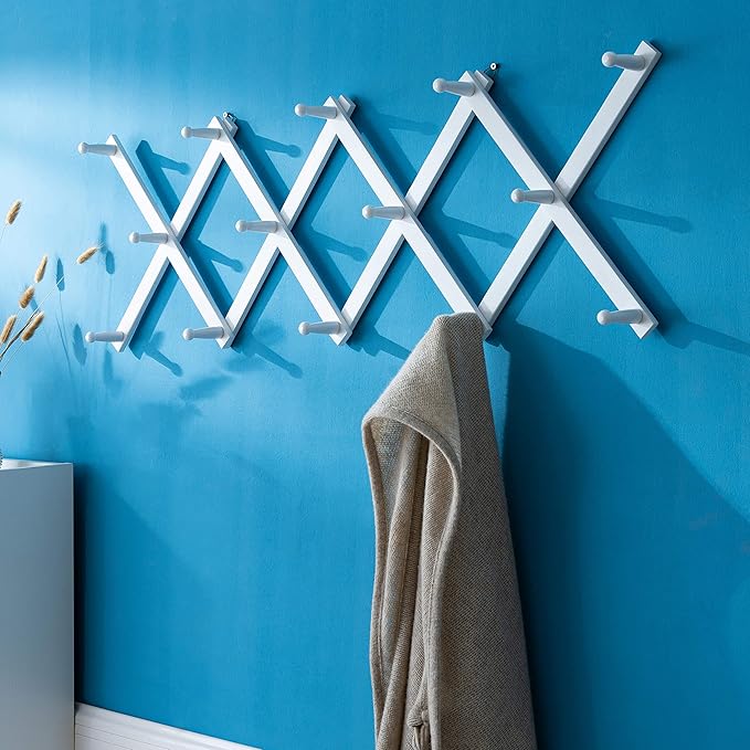 SKOLOO Hat Rack for Wall with 14 Hooks, Solid Wooden, Modern, Expandable Coat Rack Wall Mount for Coats, Hats, Bags, Baseball Caps, White