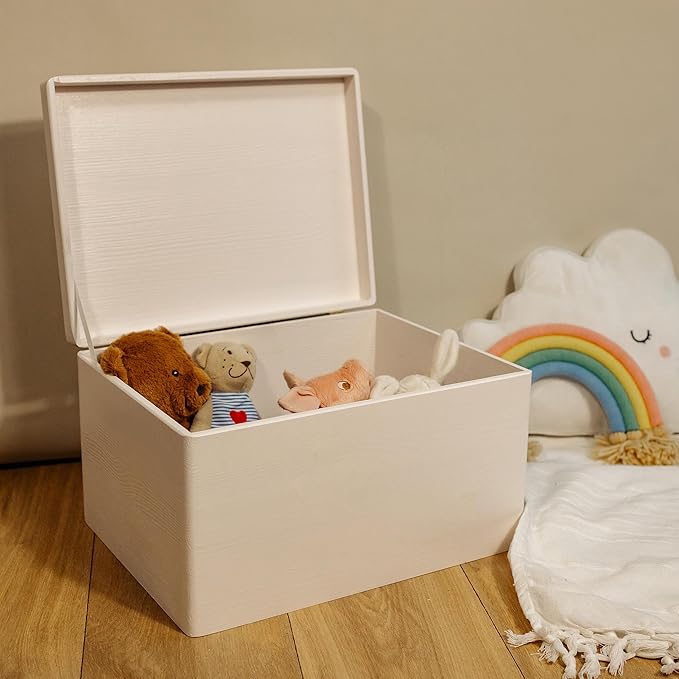 Large White Wooden Box Storage with Hinged Lid | 15.8 x 11.8 x 9.44 inches (+-0.5) | Gift Box for Tool Dog Toy Shoes Clothes Kitchen Storage Document | Wood Keepsake Chest