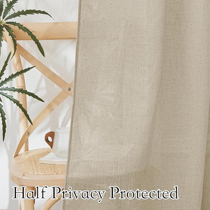 RYB HOME Semi Sheer Curtains - Linen Textured Sheer Curtains Light & Airy Country Curtains Privacy Sheer Window Decor for Bedroom Living Room Sun Room, Beige, W 52 x L 90 inch, 1 Pair