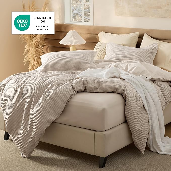 Bedsure 100% Cotton Duvet Cover Queen Size with Fitted Sheet - 4 Pieces Linen Color Waffle Weave Bedding Set, GentleSoft™ and Breathable, Includes 1 Duvet Cover 90x90, 1 Fitted Sheet, 2 Pillow Shams