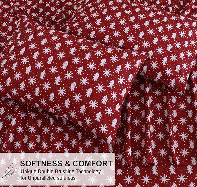 RUVANTI Flannel Sheets Full Size - 100% Cotton Double Brushed Bed Sheets Set, Deep Pockets 16 Inches, All Seasons Breathable & Extra Soft Full Sheets, Warm & Cozy, 4 Piece, Red Christmas