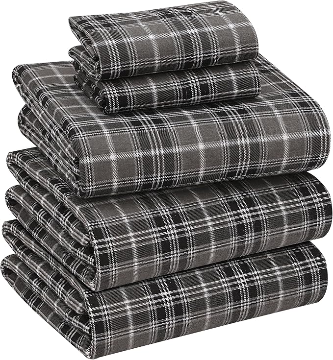 RUVANTI Flannel Sheets Split King Size - 100% Cotton Brushed Split King Bed Sheets Set, Deep Pockets 16 Inches, All Seasons Breathable & Extra Soft, Warm & Cozy, 5 Piece, Grey Plaid
