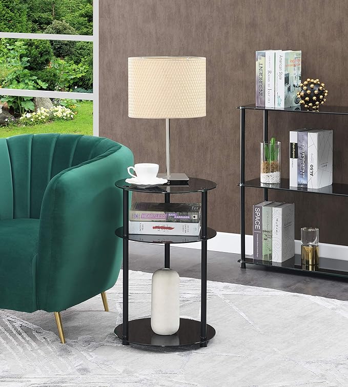 Convenience Concepts Designs2Go Midnight Classic 3-Tier Round Glass Side Table, Black Glass, 15.75 in x 15.75 in x 24.5 in