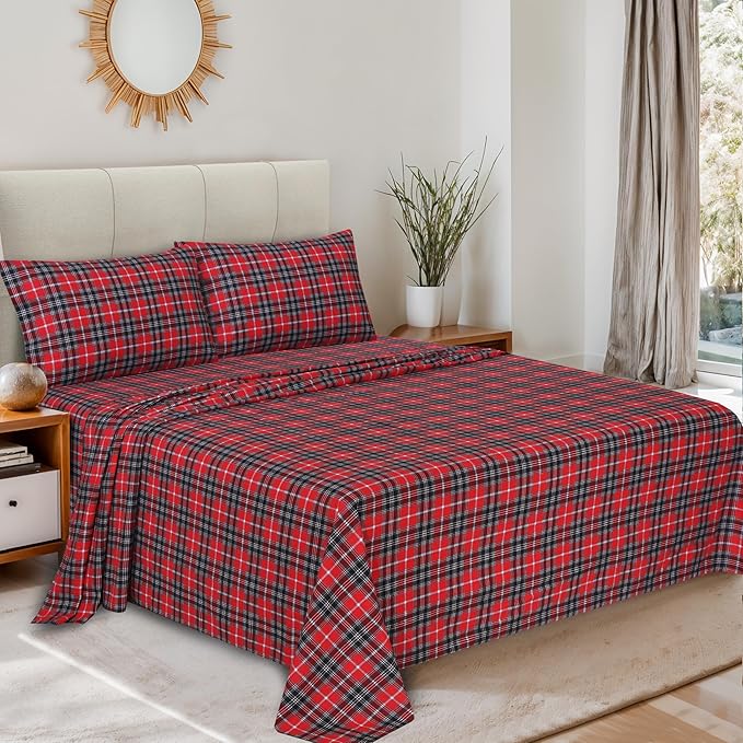 RUVANTI Flannel Sheets Full Size - 100% Cotton Double Brushed Bed Sheets Set, Deep Pockets 16 Inches, All Seasons Breathable & Extra Soft Full Sheets, Warm & Cozy, 4 Piece, Red Plaid