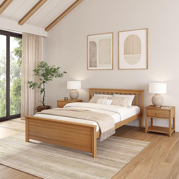 Plank+Beam Solid Wood Queen Bed Frame, Platform Bed with Headboard, Pecan