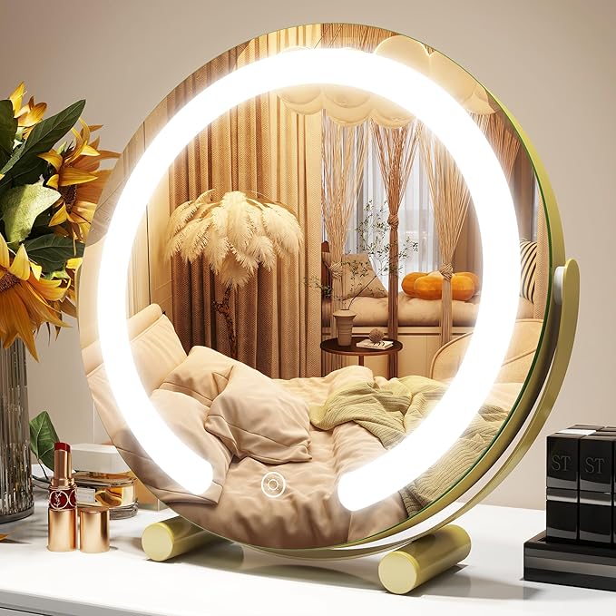 Gold Vanity Mirror, 12 Inch Makeup Mirror with Lights, Large Lighted Vanity Mirror, Light Up Mirror with Smart Touch 3 Colors Dimmable, Tabletop, 360° Rotation