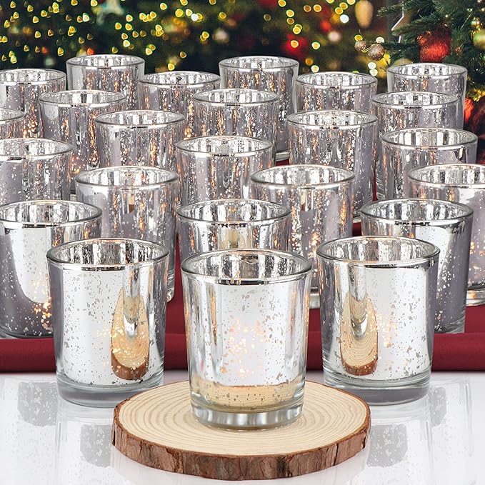 DEVI Silver Mercury Votive Candle Holders 24 Pcs, Tealight Candle Holders for Table Centerpieces, Mercury Glass Candle Holder for Wedding Decorations, Anniversary Birthday Party Table Decorations