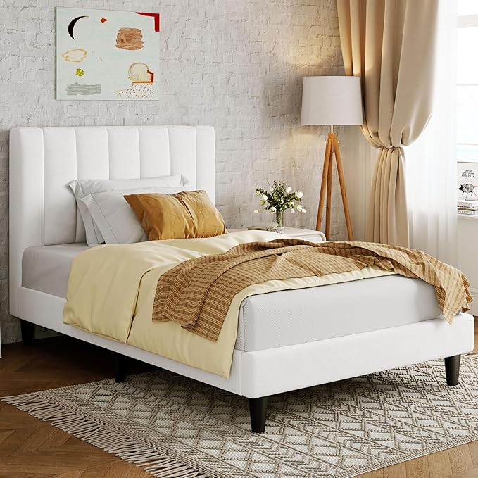 Allewie Twin Bed Frame/Velvet Upholstered Bed Frame with Vertical Channel Tufted Headboard/Strong Wooden Slats/Platform Bed Frame/Mattress Foundation/Box Spring Optional/Easy Assembly/White