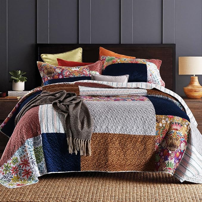Secgo Queen Comforter Set for Bed - 100% Cotton Quilts Queen Size, Black Bedspreads (90 * 98 Inch) with 2 Pillow Shams, Patchwork Reversible Lightweight Bedding