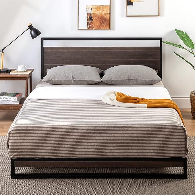 ZINUS Suzanne Bamboo and Metal Platform Bed Frame, 7-Inch Low Profile, Solid Steel Construction, No Box Spring Needed, Wood Slat Support, Easy Assembly, Grey Wash, Queen