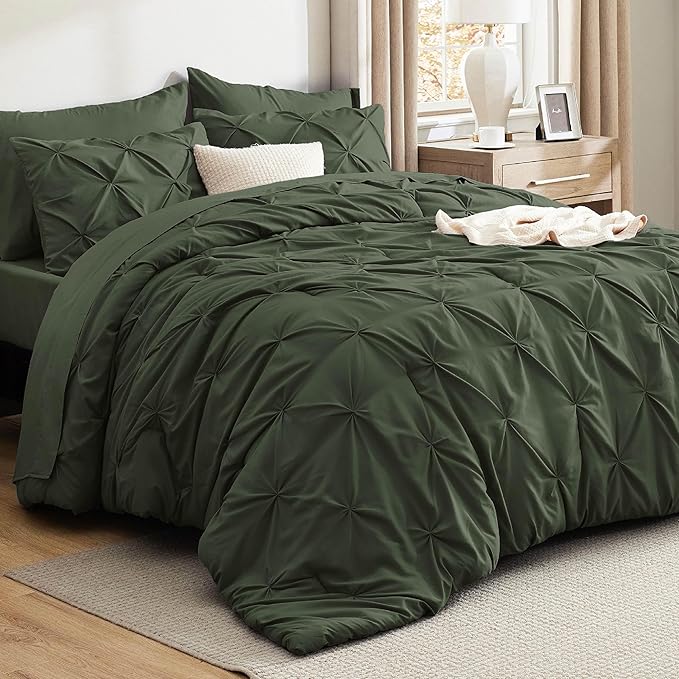 Bedsure King Size Comforter Set Olive Green - Bed in a Bag Bedding Set 7 Pieces, GentleSoft™ Pintuck Bed Set Gift for Family, Pinch Pleat Olive Green Comforter with Sheets, Pillowcases & Shams