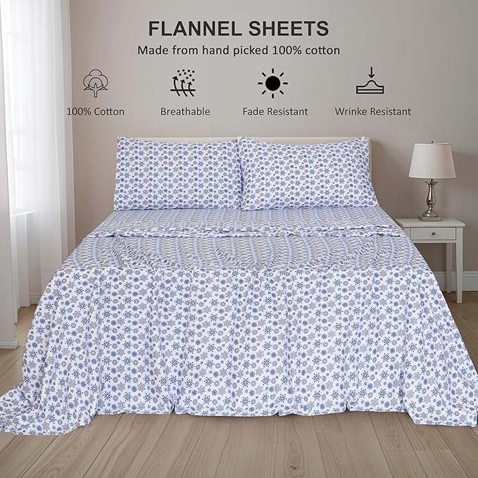 RUVANTI Flannel Sheets Twin Size - 100% Cotton Double Brushed Twin Sheets Set, Deep Pockets 16 Inches, All Seasons Breathable & Extra Soft Bed Sheets, Warm & Cozy, 3 Piece, Snow Flake Grey