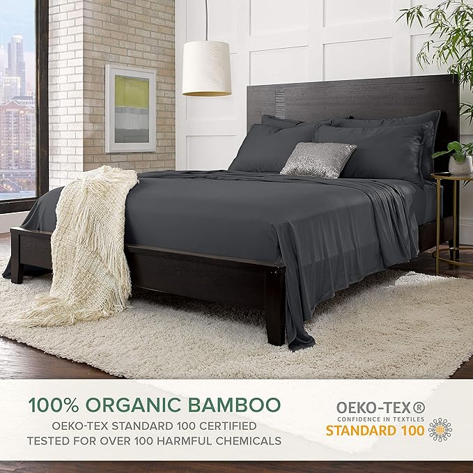 Short Queen Sheets by Pure Bamboo for RV Camper (60"x75") - Genuine 100% Organic Viscose Derived from Bamboo Bed Sheet Set, Soft & Cooling, Lifetime Quality Promise (Short Queen, Charcoal)