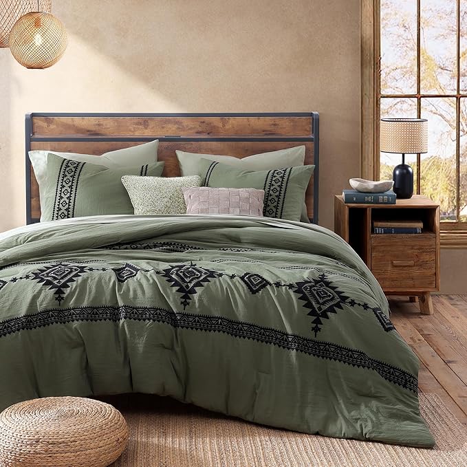 MaiRêve Olive Green Embroidery Comforters Set Queen Size - 7 Pieces, Farmhouse Western Bedding All Season Bed in A Bag Queen, Boho Comforter Set with Sheets, Pillowcases & Shams