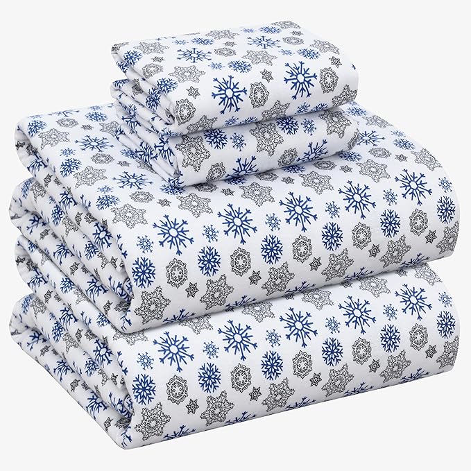 RUVANTI Flannel Sheets Queen Size - 100% Cotton Double Brushed Bed Sheets, Deep Pockets 16 Inches Queen Sheet Set, All Seasons Breathable & Extra Soft - Warm & Cozy, 4 Piece, Snow Flake Grey