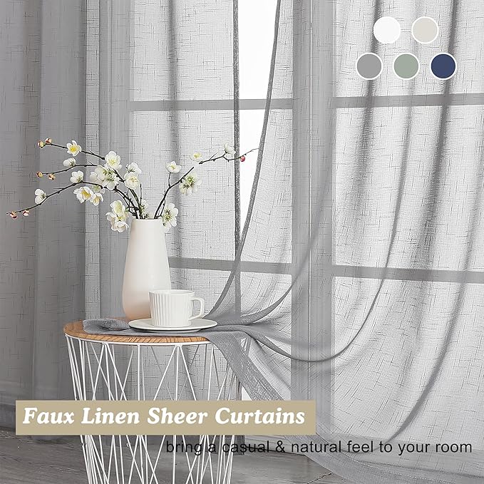 Aiyufeng Kirei Charcoal Grey Living Room Curtains 84 inch Long 2 Panels Set, Rod Pocket Linen Look Semi-Sheer Window Drapes Privacy with Light Filtering for Bedroom/Cottage, W40 x L84, 1 Pair