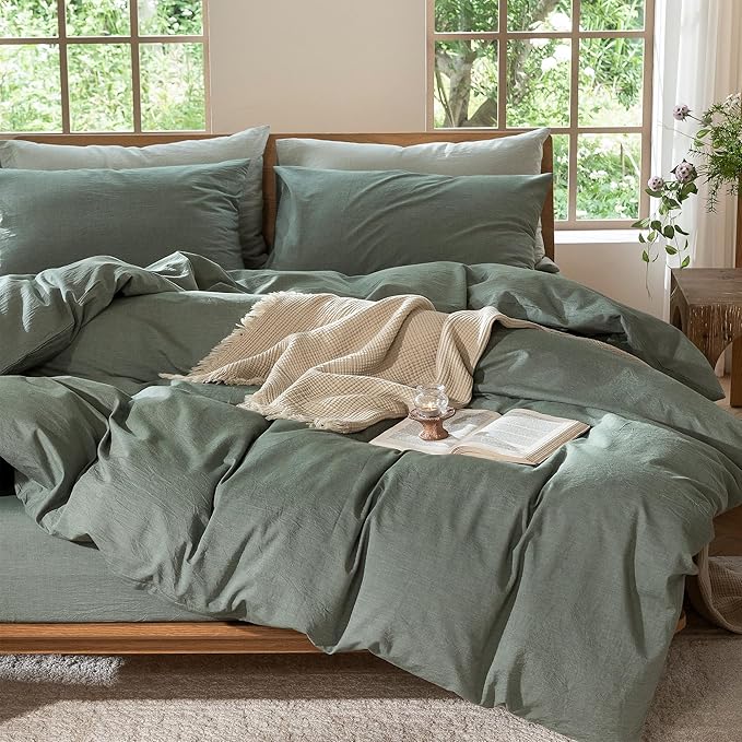 MooMee Bedding Duvet Cover Set 100% Washed Cotton Linen Like Textured Breathable Durable Soft Comfy (Heathered Green, Oversized Queen 98"x98")