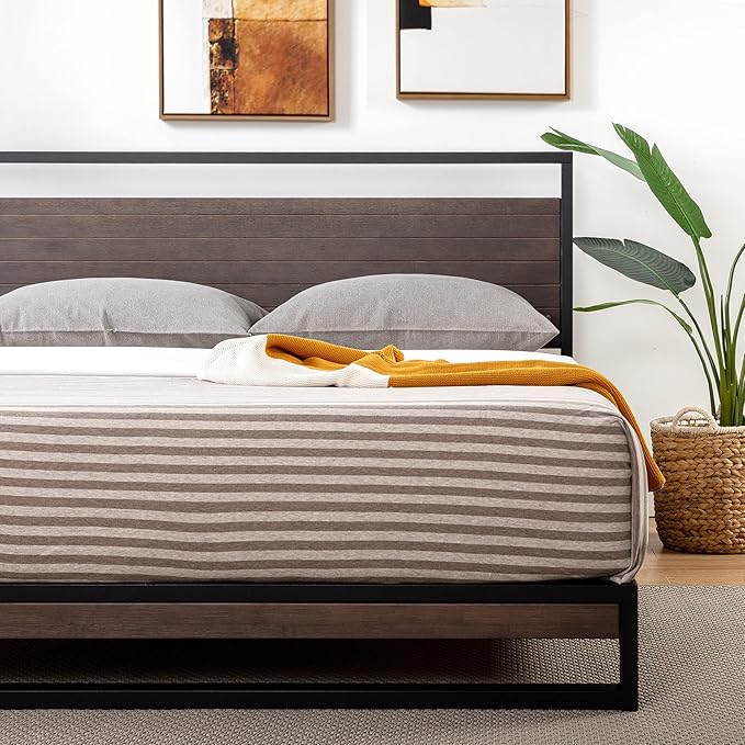 ZINUS Suzanne Bamboo and Metal Platform Bed Frame, 7-Inch Low Profile, Solid Steel Construction, No Box Spring Needed, Wood Slat Support, Easy Assembly, Grey Wash, Queen