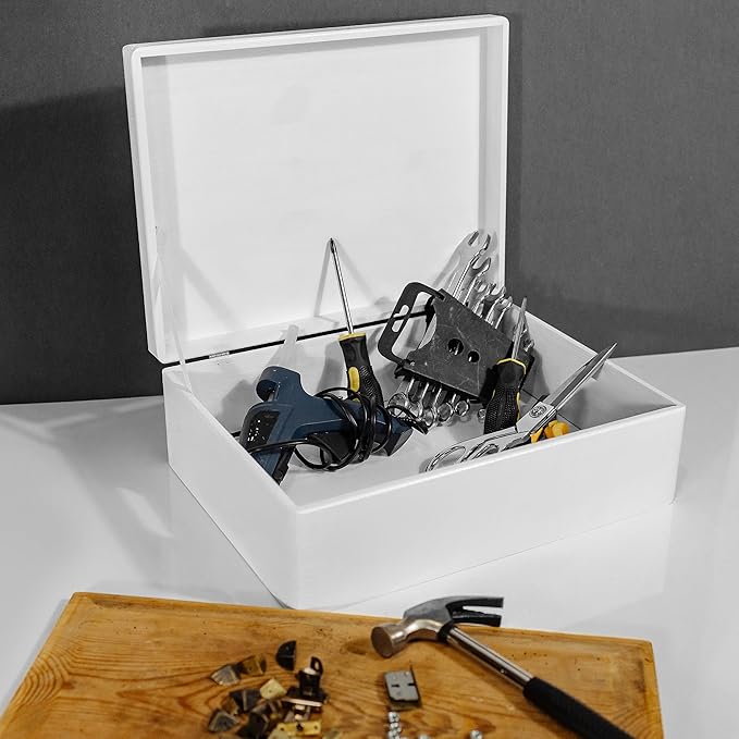 XL White Wooden Box Storage with Hinged Lid | 15.8x11.8x5.5in (+-0.5) | Gift Box for Tool Dog Toy Shoes Clothes Kitchen Storage | Wood Keepsake Chest