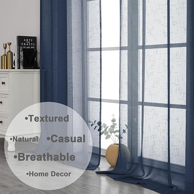 Aiyufeng Kirei Faux Linen Navy BlueSheer Curtains 84 Inches Length 2 Panels, Light Filtering Slub Textured Elegant Rod Pocket Curtain Drapes for Farmhouse Living Room Bedroom, Each 40Wx84L Inch, Blue