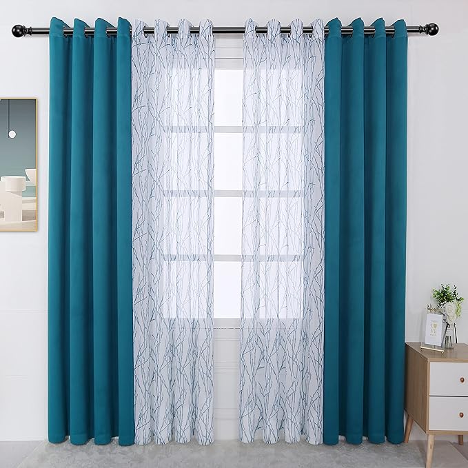 BONZER Mix and Match Curtains - 2 Pieces Branch Print Sheer Curtains and 2 Pieces Blackout Curtains for Bedroom Living Room Grommet Window Drapes, 54x84 Inch/Panel, Teal, Set of 4 Panels