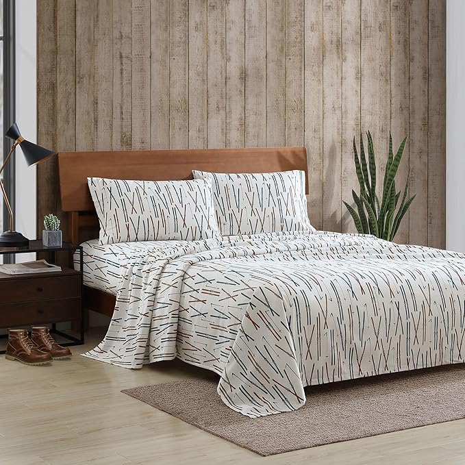 Eddie Bauer - Queen Sheets, Cotton Flannel Bedding Set, Brushed For Extra Softness, Cozy Home Decor (Ski Line White, Queen)