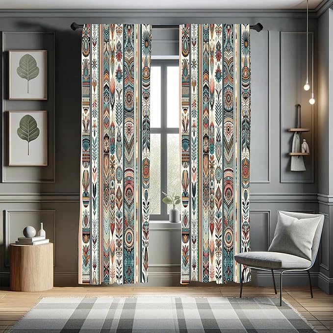 Ambesonne Ethnic Curtains, Folkloric Style Floral Ornaments with Bohemian Oriental Motifs as Stripes, Window Treatments 2 Panel Set for Living Room Bedroom, Pair of - 28" x 63", Teal Coral and Orange