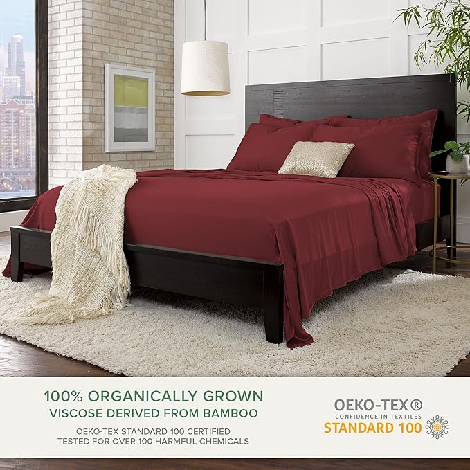 Queen Sheets by Pure Bamboo, Genuine 100% Organic Viscose Derived from Bamboo Bed Sheet Set, Luxuriously Soft & Cooling, Double Stitching, Lifetime Quality Promise (Queen, Merlot)